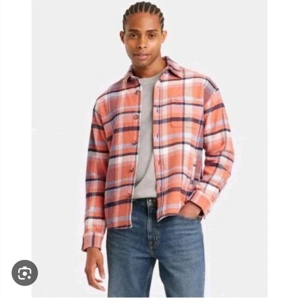 Goodfellow & Co Unisex Orange Plaid Heavyweight Flannel Shacket Button Down L